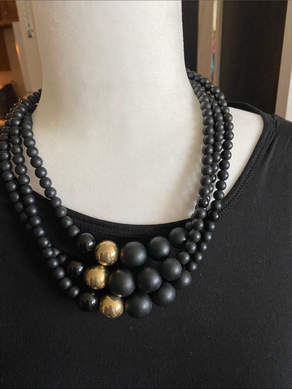 Vintage Matte Black Multi-Strand Beaded Necklace with Gold Accent